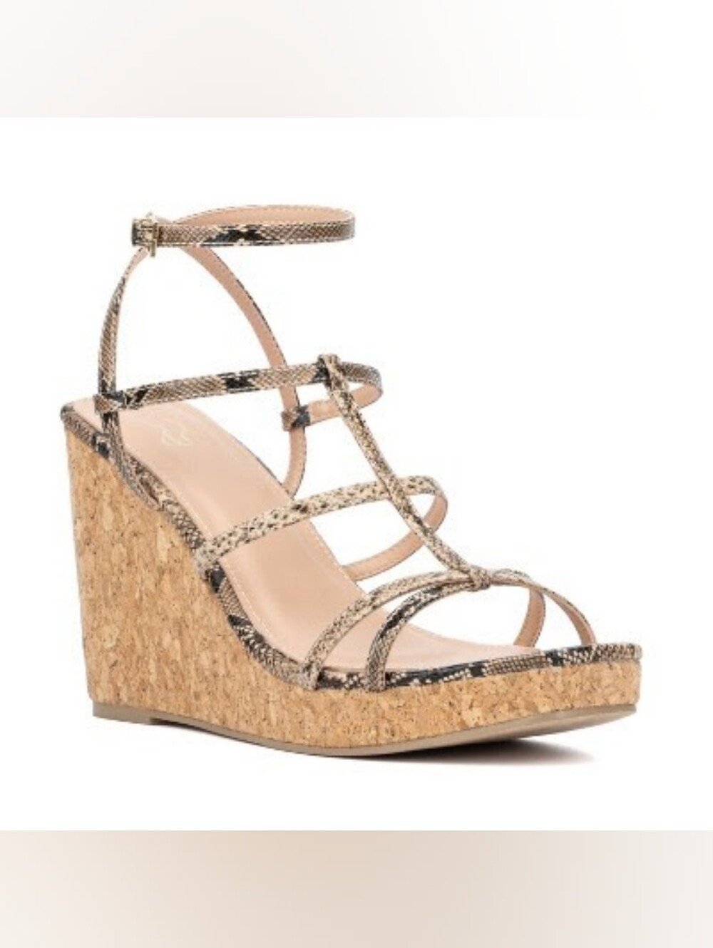 New York & Company Snake-Print Cork Wedge Sandals